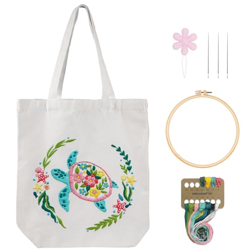Nuberlic Embroidery Tote Bag Kit for Beginners with Sea Turtles Pattern - color: color2