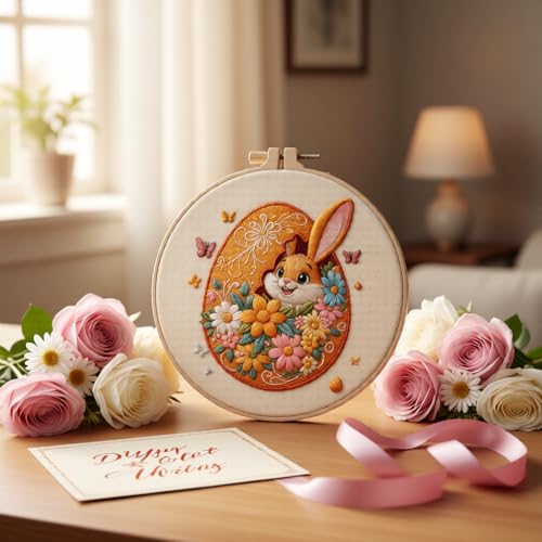 Embroidery Kit for Beginners & Adults Starter Kit, Cross Stitch Kits,DIY Hand Embroidery Needlepoint Set with Hoop, Pre-Printed Fabric, Threads and Instructions (Easter Egg) - color: Easter egg