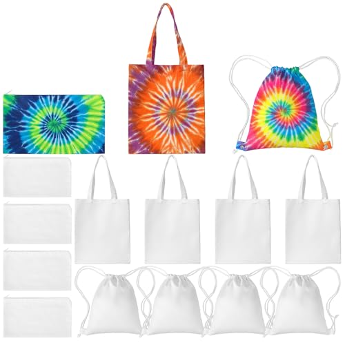 12 Pack White Cotton Bags for Tie Dye, 3-Style DIY Craft Kit with Drawstring Backpacks, Tote & Makeup Pouches