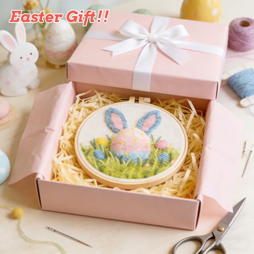 QBQBQ 4 Sets Easter Punch Needle Kits Adults Beginner, Easter Embroidery Kit with Printed Pattern and Bamboo Hoop, Festival Gift and Decoration
