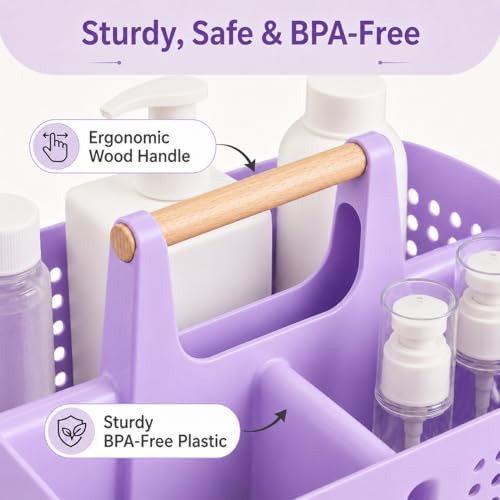 Portable Shower Caddy Basket with 3 Compartments and Handle, Purple - color: Purple
