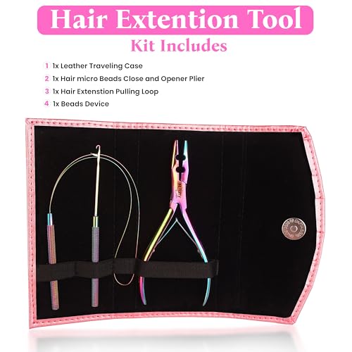 Beauty & Crafts Micro Links Hair Extensions Kit- Stainless Steel Beads Closer and Remover plier, Hair Extensions Loop Needle Pulling Hook, Bead Tool for Hair or Feather Extensions with Leather Pouch - color: Rainbow