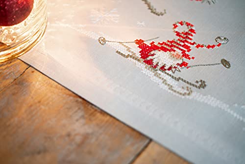 Vervaco Embroidery Christmas Embroidery Kits Cross Stitch Table Runner DIY Set, Tablecloth to Embroider with Image on Cotton and Embroidery Thread, 16 x 40 Inches, Gnomes Skiing - color: multicolor