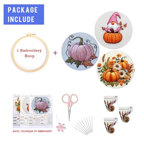 LB Pink Fall Embroidery Kit for Beginners Adults, 3 Sets Hand Embroidery Starter Kit with Gnome Pattern and Instructions Stamped Cross Stitch Kits Include Embroidery Hoop Needles Threads Scissors - color: Orange Pink
