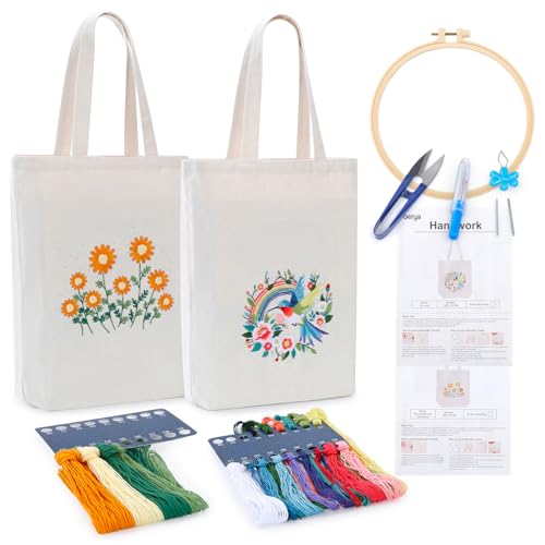 BERYA 2 Pack Canvas Tote Bag DIY Needlepoint Embroidery Kit for Beginners - color: Chrysanthemum morifolium& Fly song