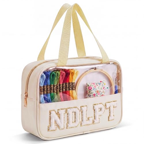 Needlepoint Project Bag Sewing Gifts Embroidery Sewing Bag Craft Storage Organizer NDLPT Clear Zip Pouch Bag - color: Beige, size: Cuboid-L