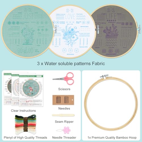 3 Sets Embroidery Kit for Beginners to Learn 36 Basic Embroidery Stitches Practice Kit,Hand Embroidery Cross Stitch Kits for Beginners with Embroidery Patterns, Hoop,Threads,Tools - color: Beginner Kit
