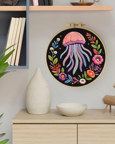 ERKOON Embroidery Kit for Beginners Adult, Cross Stitch Set Include Embroidery Cloth Hoop Threads for Craft Lover Hand Stitch with Embroidery Skill Techniques (Jellyfish) - color: Jellyfish