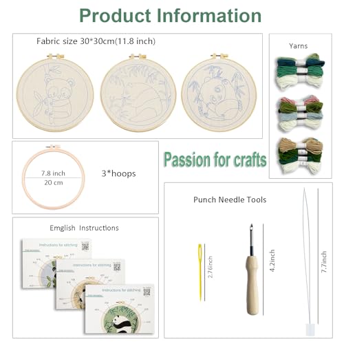 Myfelicity Punch Needle Panda Embroidery Kits, Set of 3, Including Tools Such as Patterned Punching Cloth and Needles - color: Panda
