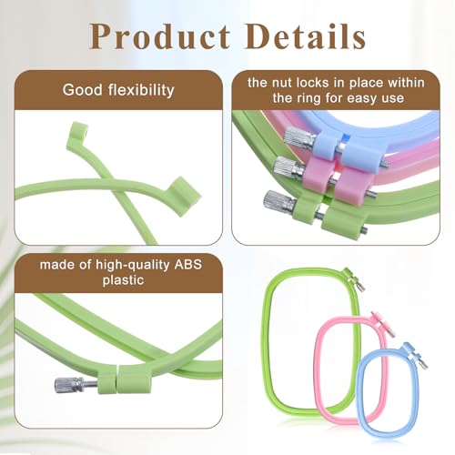 3 Pack 3 Size ABS Plastic Cross Stitch Hoop, Square Embroidery Hoops, Cross Stitch Hoops Embroidery Frames for Sewing, Needlework, Cross Stitch, Embroidery Projects (3 Color)