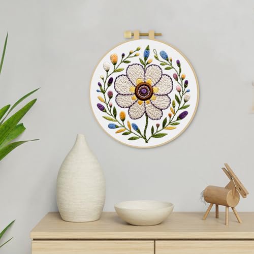 ERKOON Embroidery Kit for Beginners Adult, Cross Stitch Set Include Embroidery Cloth Hoop Threads for Craft Lover Hand Stitch with Embroidery Skill Techniques (Flower) - color: Flower