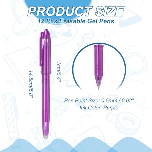 PATIKIL 12Pcs Erasable Gel Pens, 0.5mm Fine Point Heat Erasable Marking Pen with Cap Smooth Writing Fabric Markers for Sewing Drawing Writing Planner, Purple Ink - color: Purple
