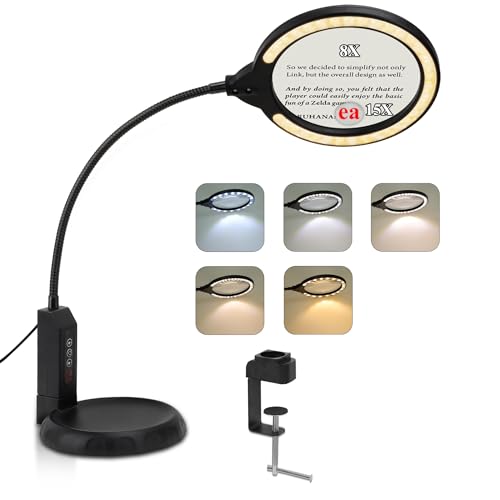 Magnifying Lamp with Clamp & Stand, 15X/8X, 5-Color & 10 Lightness Level - color: Dark Black