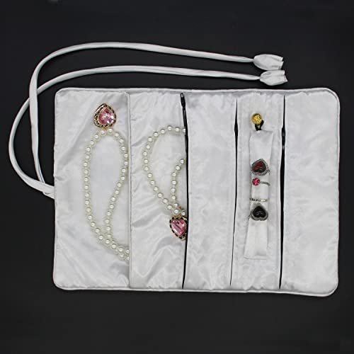 SmilerSmile Jewelry Travel Bag Embroidery Travel Jewelry Organizer with Tie Close Embroidered Flower Jewelry Roll for Women Girls (Butterfly/White) - color: 01 White/Butterfly