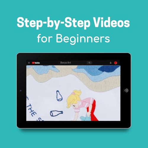 BERYA Embroidery Kit for Adult Beginners, Sea Embroidery Kit with Step-by-Step Instructions and Video, Printed Cloth, 7.87" Hoop, Display Stand, Color Threads and Tools for Craft Lover(BEH001) - color: Blue sea