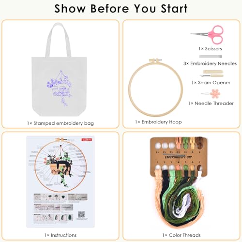 ERKOON Embroidery Canvas Tote Bag for Beginners, Needlepoint Arts Crafts Cross Stitch Kits for Adults Including Stamped Embroidery Bag with Hoops, Needle, Instruction and Color Threads (Cat) - color: Cat