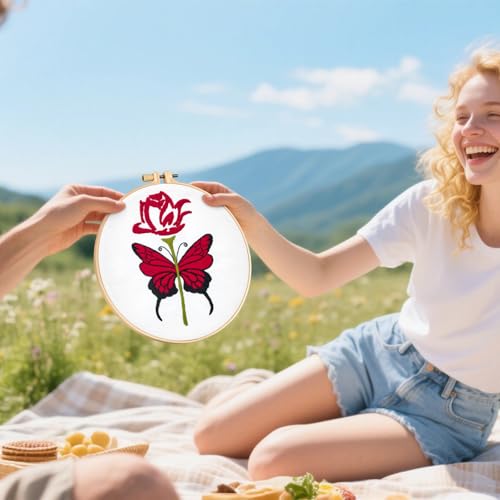 Butterfly Rose Embroidery Kits for Beginners Adults, Valentine's Day Hand Embroidery Kits, Cross Stitch Kits for Adult Anniversary Valentine's Gifts, Entire Set of Embroidery Supplies & Video Tutorial - color: H2068