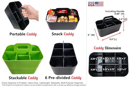 2 Pack Small 6 Compartment Multiuse Caddy Organizer with Handle Art Craft Supplies, Office, Desk, Stationery Pen Holder Stackable- Made In USA (Green) - color: Green