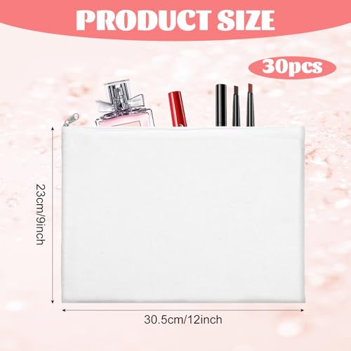 30 Pcs Canvas Zipper Pouch, 12x9 Inch Large Canvas Makeup Bags Bulk with Zipper, White Canvas Zipper Pouch Bags for Women, Blank Canvas Cosmetic Bag With Zipper for Travel, Toiletry, DIY Crafts