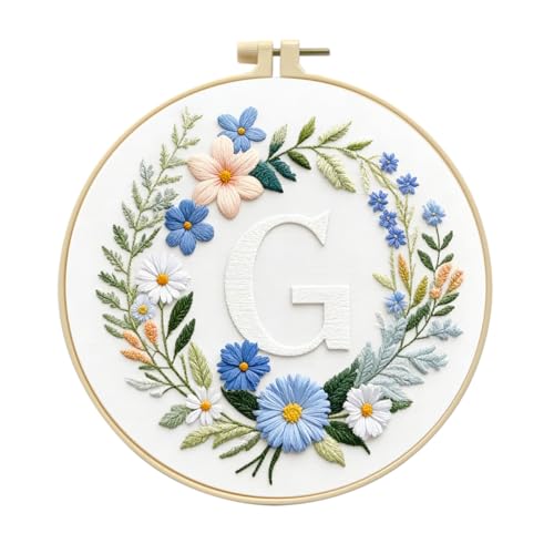 Zhenqing Letter G Embroidery Kit for Beginners, Pre-Printed 29x29cm Cotton Fabric with 20cm Hoop, Elegant Floral Monogram with Daisies Design(C0090)