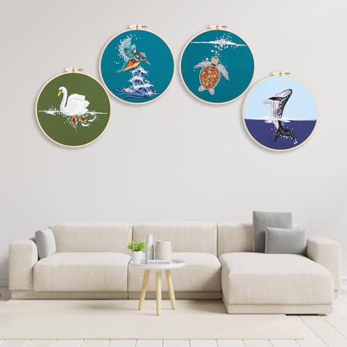 Picoey Embroidery Kit for Beginners with Animal Pattern and Instructions,4 Pack Cross Stitch Kits,2 Wooden Embroidery Hoops,Threads and Needles,Needlepoint Kit - color: Sea animal