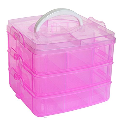 Kamay's 3-Tier Transparent Stackable Adjustable Compartment Slot Plastic Craft Storage Box Organizer Snap-Lock Tray Container 3 Sizes 4 Candy Colors Available (Medium 18 Compartment, Red) - color: Medium 18 Compartment, Red