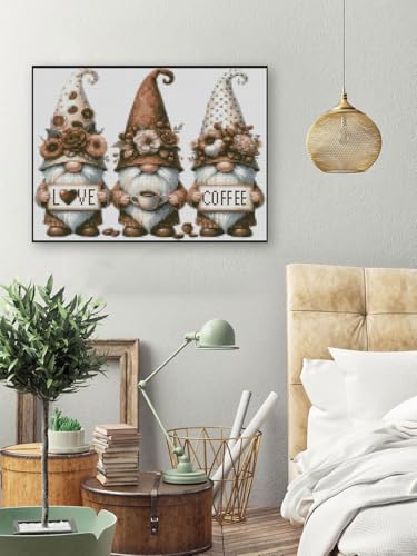 Stamping Cross Stitch Kit Gnome and Flowers, Counting Cross Stitch Kit for Adult Beginners Coffee, Full Line DIY Cross Stitch Stitching Kit for Home Decor Cross Stitch Patterns 15.7x11.8inches - color: D023