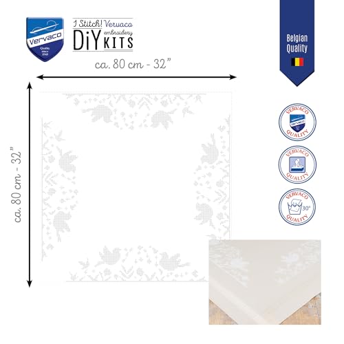 Vervaco Stamped Cross Stitch Tablecloth Kit Singing Birds DIY Embroidery Table Decoration Kit ca. 32" x 32" Art and Craft Supply Creative Activities for Adults Housewarming Gift for Crafters - size: White Birds