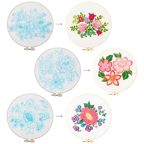 Embroidery Kit for Beginners – Set of 3 Floral Patterns with Hoops, Threads, Needles & Instructions, DIY Hand Embroidery Starter Kit for Adults