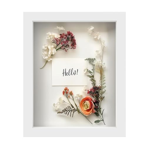 FrameWorks 8” x 10” White Wooden Shadow Box Frame – Display Case with Soft Felt Back, Memory Box with Tempered Glass, Display Box with Elegant White Ball Push Pins, Wooden Flower Box - color: White, size: 8"x10"