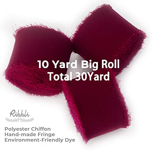 Ribbli Burgundy Chiffon Silk Ribbon, 1.5 inch x 30 Yard, Handmade, Fringe, Wedding Invitations, Gift Wrapping, Bridal Bouquets, Flower Arrangement - color: Burgundy