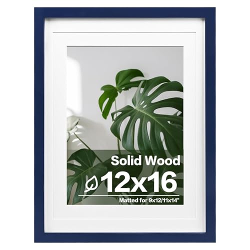 Egofine 12x16 Picture Frame Made of Solid Wood, Display Covered by Plexiglass, Display Pictures 9x12/11x14 with Mat or 12x16 Without Mat for Wall Mounting, Navy Blue - color: Navy Blue, size: 12x16