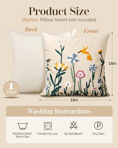 Embroidered Throw Pillow Cover 18x18 Inch, Flower Bird - color: Flower Bird, size: 18" x 18" (Pack of 1)