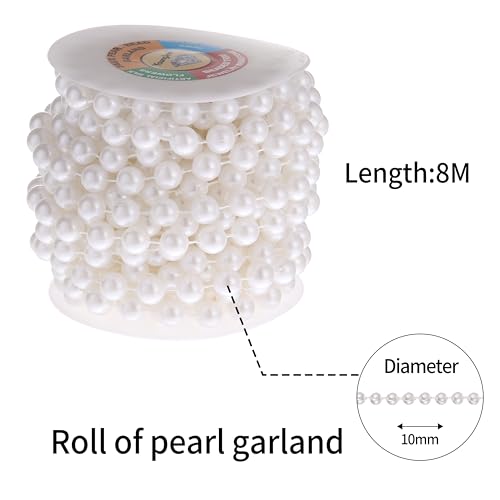 10mm Pearl Strands,9 Yds of White Fake Beads Garland Spool Roll with String Pearls for Crafting,Wedding Party,Christmas Tree Decoration. - color: White, size: 10 mm
