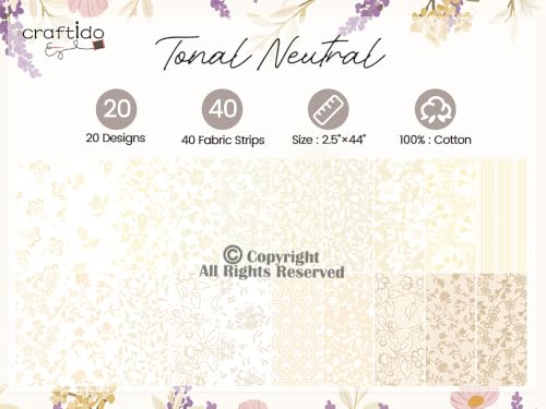 Craftido-20 Options-100% Cotton Jelly Roll Fabric Precut Strips for Quilting, Crafting, and Sewing, 40 Strips 2.5" x 44" Assorted Bundles for Rugs, Quilts, DIY Crafts and Home Decor-Tonal Neutral - color: Tonal Neutral