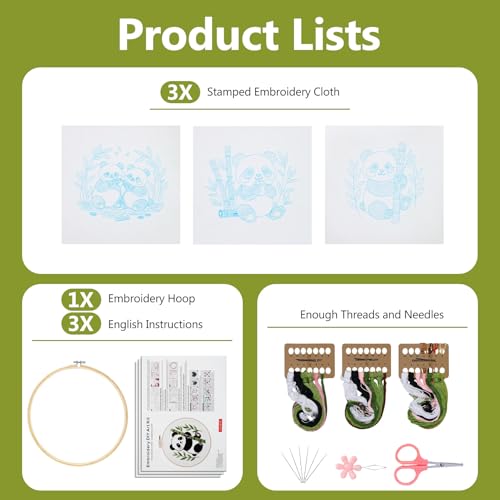 Santune Beginners Embroidery Kit for Adult Needlepoint Cross Stitch Kits Needle Point Sets with Panda Embroidery Patterns, Includes Step-By-Step Instructions and Accessories - color: Panda Series
