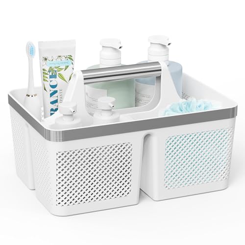 BYUNER Plastic Shower Caddy Dorm: Portable Bathroom Caddy Organizer with Handle and Holes, Cleaning Basket, Hard Shower Basket Storage Tote for Toiletry, College Dorm Room Essentials White/Silver - color: White/Silver