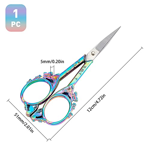 SUNNYCLUE 1Set 4.7Inch Stainless Steel Sewing Scissors Butterfly Pattern Vintage Style Pointed Tip Embroidery Shears for Sewing Crochet Cross Stitch Knitting Scissors Rainbow Color Printed Package - color: Rainbow Color-1pc-butterfly Scissors
