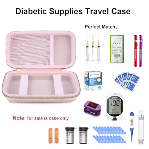 Elonbo Diabetic Supplies Travel Case for Glucose Meter Diabetes Testing Kit - color: Pink