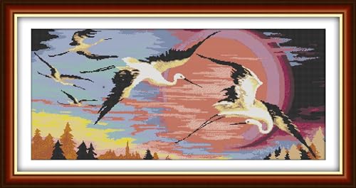 Aiorkeng Cross Stitch Kits Stamped Full Range of Embroidery Starter Kits for Adults Beginners DIY 14CT 2 Strands -Printed kit Red-Crowned Cranes in The Rising Sun(Printed) 31.1×15.7inches - color: Red-crowned cranes in the rising sun79×40CM