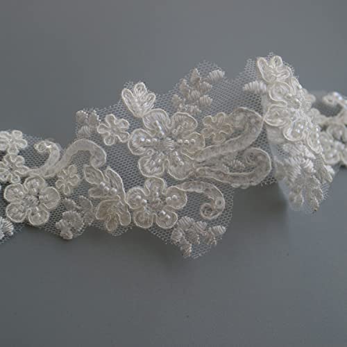 6cm*2yards Ivory White Luxury Beaded Embroidery Flower lace Appliques for Wedding Dresses Rhinestone Applique Patches Embroidery lace parches ropa (Off White Color)… - color: off white color