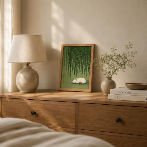 Wood Framed Japanese Vintage Sleeping Cat Wall Art for Bathroom Wall Decor - color: Japanese Cat, size: 16"L x 12"W