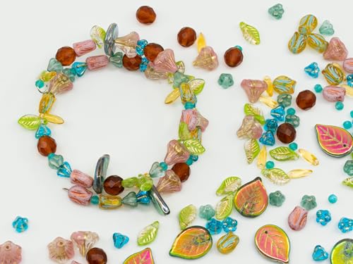 1.4oz (40g) Limited Mix of Czech Glass Beads, Hand Made Set Kit, Apple Leaf Beads Bell Flower Blue Beads and Pink Tulip Beads - color: LMIX pink blue beige