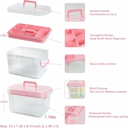 2-Tier Medicine Organizer - Plastic Portable Storage Box with Handle Pink - color: Pink