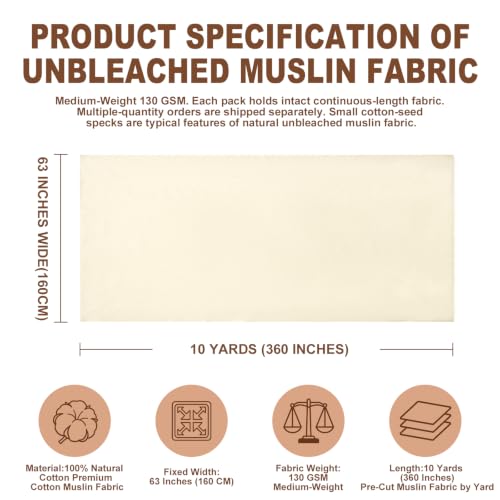 100% Cotton Muslin Fabric, Premium 63 Inch X 10 Yards Unbleached Natural Muslin Fabric by The Yard | Medium Weight Draping Fabric for Sewing, Embroidery, Quilting, Dyeing, Garments & DIY Crafts - size: 10 Yards