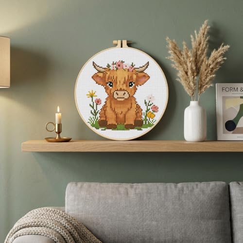 Stamped Cross Stitch Kits for Beginners-Highland Cow,with Embroidery Hoop - color: Cow-2605