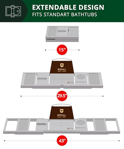 ROYAL CRAFT WOOD Premium Foldable Bathtub Tray Caddy - Wood Bath Tray for Tub, Bamboo Shelf, Expandable Bath Table Trays, Bathtub & Bathroom Accessories for New Home & Mothers, Birthday Gifts for Mom - color: Gray