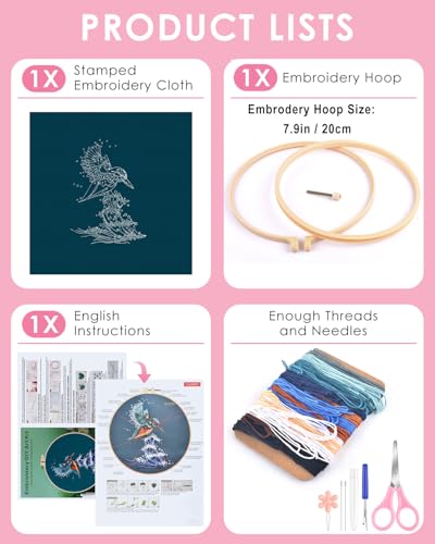 TINDTOP Embroidery Kit for Beginners Adult, Kingfisher Embroidery Kit for Beginners Include Embroidery Cloth Hoops Threads for Craft Lover Hand Stitch with Embroidery Skill Techniques - color: Kingfisher