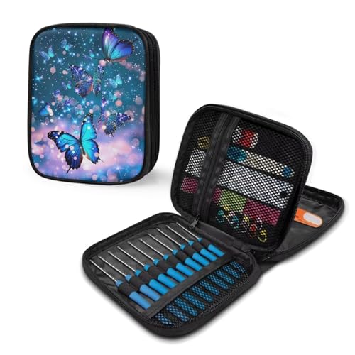 Kathyboom Galaxy Butterfly Large Crochet Hook Case, Organizer Zipper Bag with Web Pockets for Various Crochet Needles and Knitting Accessories,Easy to Carry - color: Galaxy Butterfly