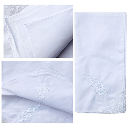 6 Pack of Ladies Embroidery Cotton Handkerchiefs Lace Wedding Hankies - color: White